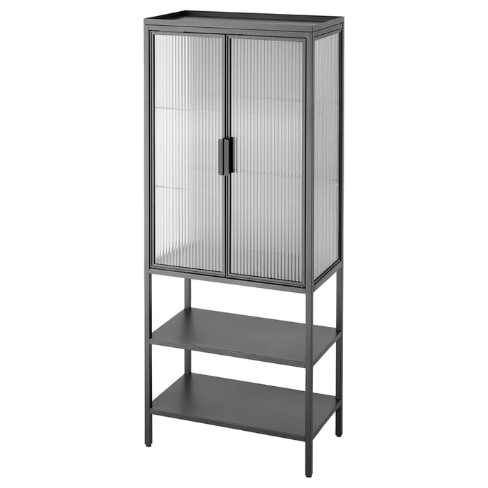 MOSSJÖN Glass-door cabinet with 2 doors, anthracite, 60x34x146 cm (23 5/8×13 3/8×57 1/2 “)
