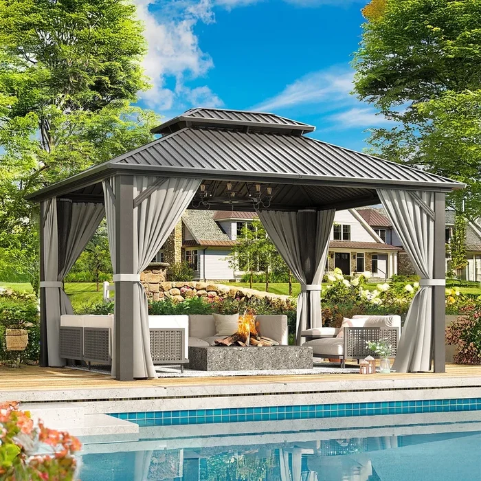 NETAJE 10×12 FT Hardtop Gazebo, Heavy Duty Gazebo with Aluminum Frame, Galvanized Steel Double Roof & Mosquito Net for Garden, Patio, Grey