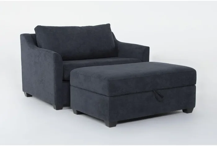 Porthos Midnight Blue Fabric 52″ Twin Memory Foam Armchair Sleeper And Large Storage Ottoman | Reading | Solid