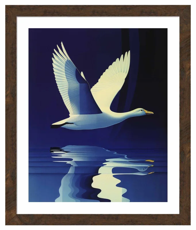 Reflections in Flight – Swan Over Tranquil Waters – Art Prints