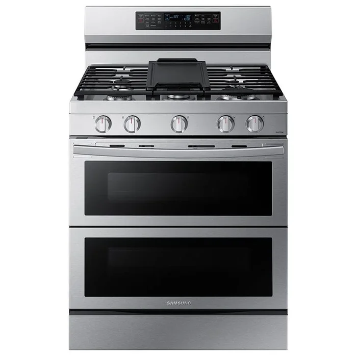 Samsung 30 in. 6 cu. ft. Smart Air Fry True European Convection Double Oven Gas Range with 5 Sealed Burners & Griddle – Stainless Steel