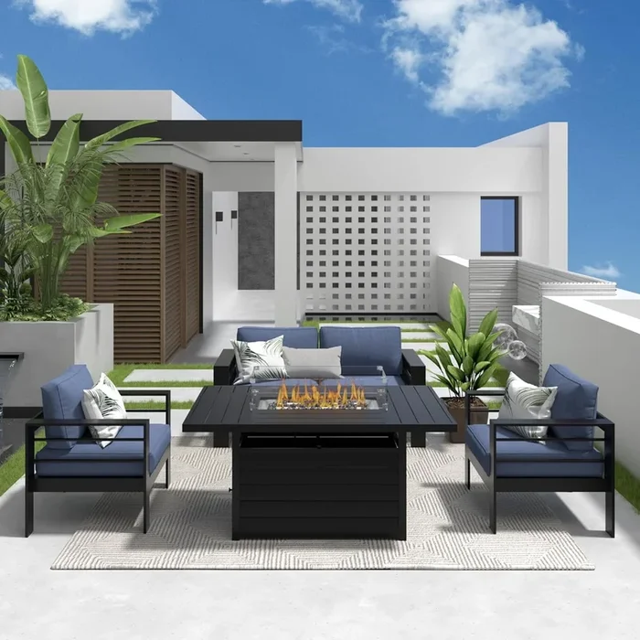 Superjoe Outdoor Furniture Set w/CSA Certified 54in Propane Gas Fire Pit Table, 4 Seats Aluminum Patio Conversation Sofa with 5in Olefin Cover Cushions, Black/Blue