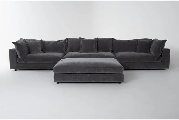 Supreme Lounger Storm Grey Silver Fabric 180″ 3 Piece Oversized Modular Sofa & Ottoman Set | Reversible
