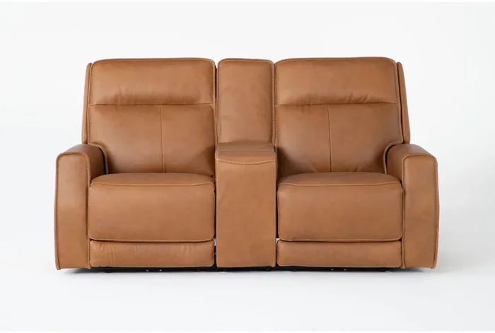 Thornton Saddle Brown Top Grain Leather 74″ Power Zero Gravity Reclining Console Loveseat with Power Headrest Power Lumbar Wireless Charging Storage Pop Out Cupholders & USB