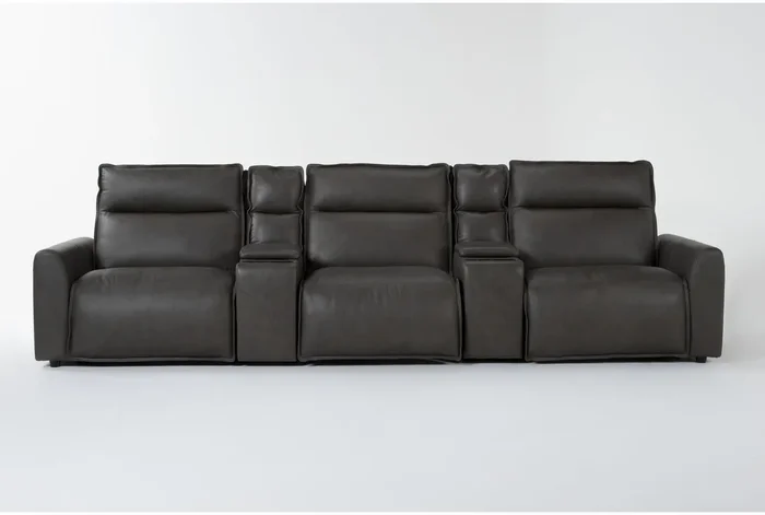 Trenton Graphite Leather 5 Piece Power Reclining Home Theater Modular Sectional with Power Headrest Wireless Charging Storage Pop Out Cupholders & USB