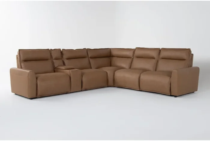 Trenton Saddle Brown Leather 132″ 6 Piece Power Reclining L-Shaped Modular Sectional with Console Power Headrest Wireless Charging Storage Pop Out Cupholders & USB