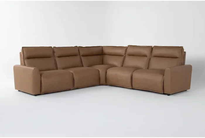 Trenton Saddle Brown Natural Leather 119″ 5 Piece Power Reclining L-Shaped Modular Sectional with Power Headrest | Adjustable Headrests