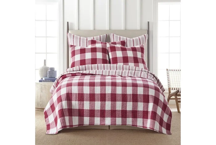 Twin Twin Xl Quilt-Red Reversible Buffalo Check To Farmhouse Stripe Red 2 Piece Set With 1 Quilt + 1 Sham