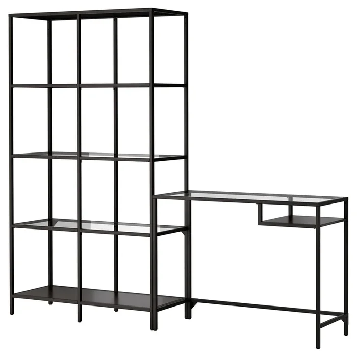 VITTSJÖ Shelving unit with laptop table, black-brown/glass, 200x36x175 cm (78 3/4×14 1/8×68 7/8 “)
