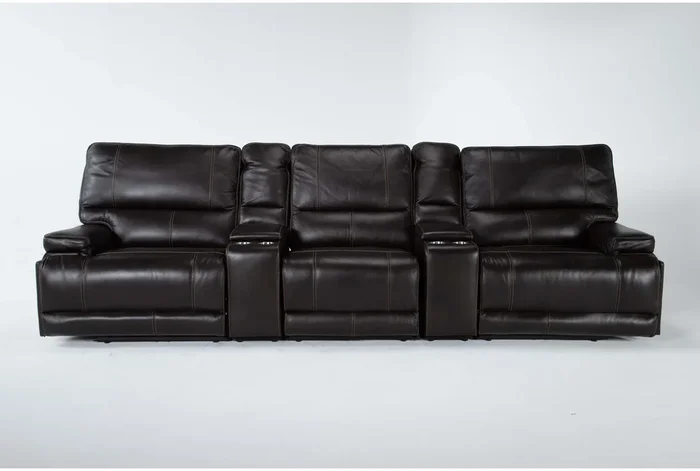 Watkins Coffee Leather 130″ 5 Piece Power Cordless Reclining Modular Home Theater Sectional With Power Headrest & USB