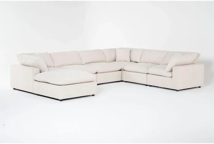 Zone Cream White Fabric 161″ 7 Piece Modular U-Shaped Sectional with 3 Corners 3 Armless Chairs & Ottoman | Reversible